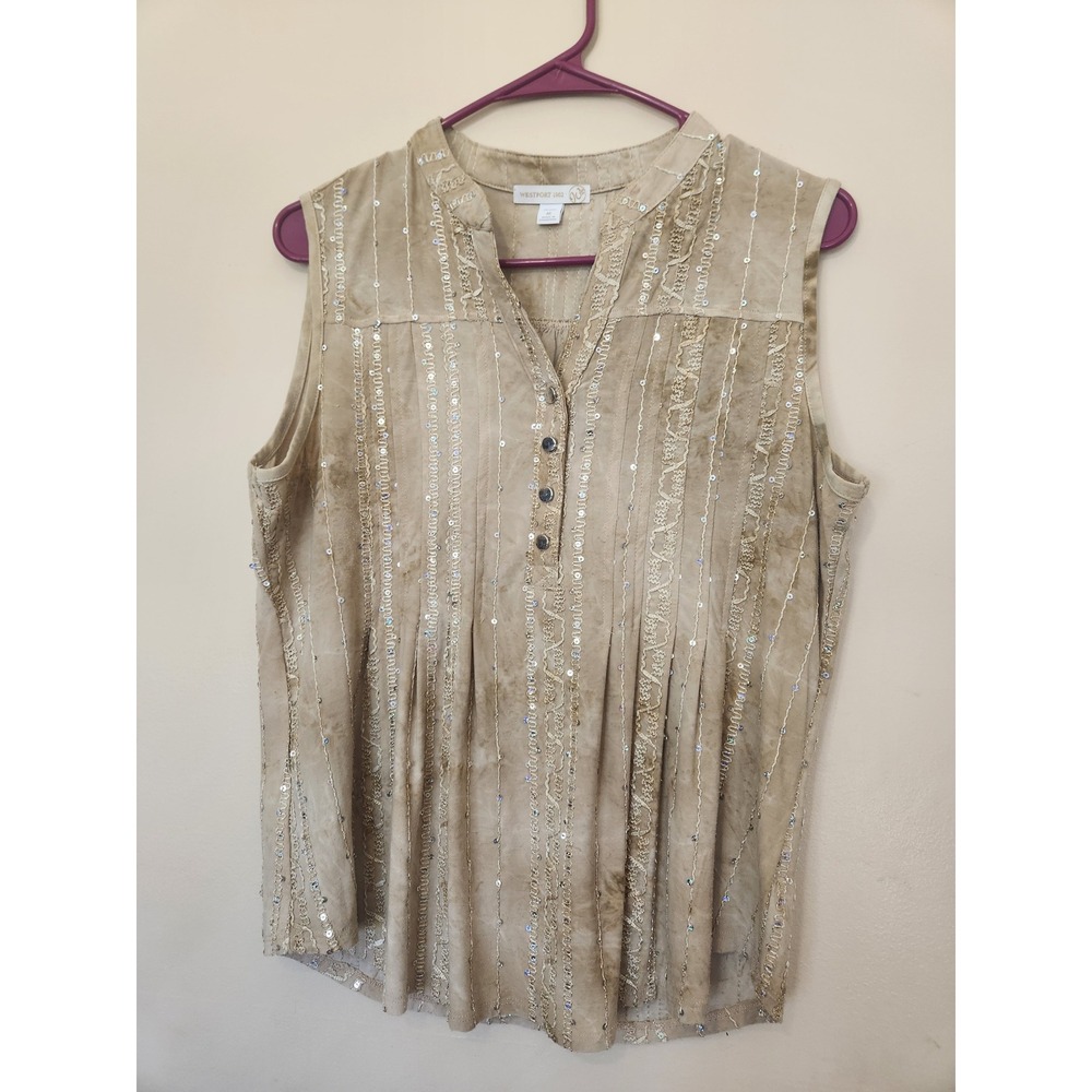 Westport 1962 Tan Tie Dye Sequin Embroidered Sleeveless Blouse Petite Medium PM